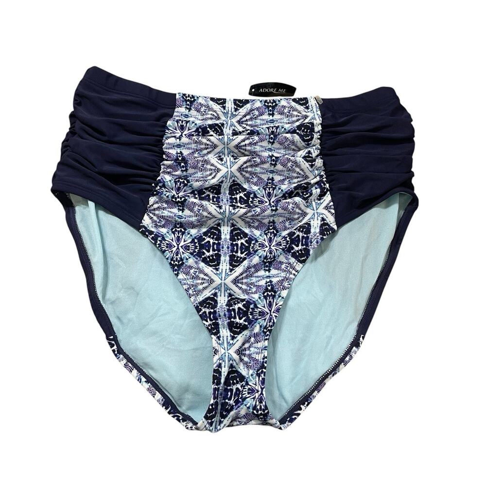 Adore Me High Waisted Ruched Bikini Bottom Plus Size 0X Navy Blue Ikat Boho NWT